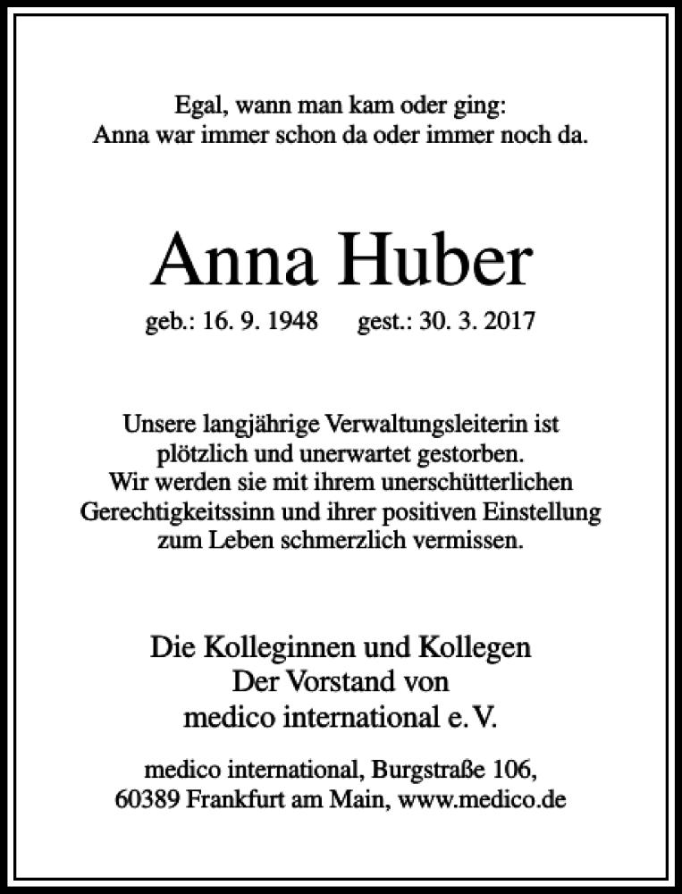 Traueranzeigen von Anna Huber | trauer-rheinmain.de