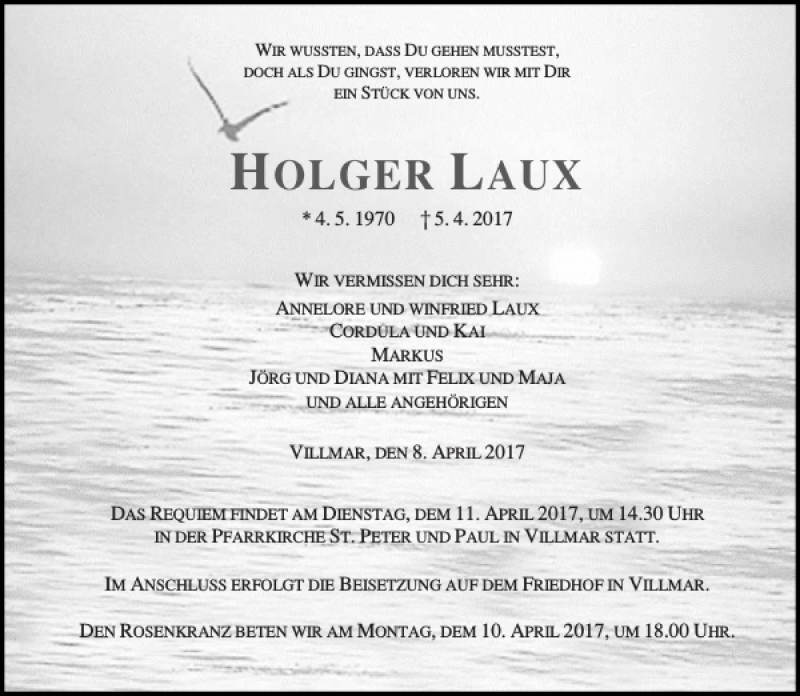  Traueranzeige für HOLGER LAUX vom 08.04.2017 aus Rhein Main Media