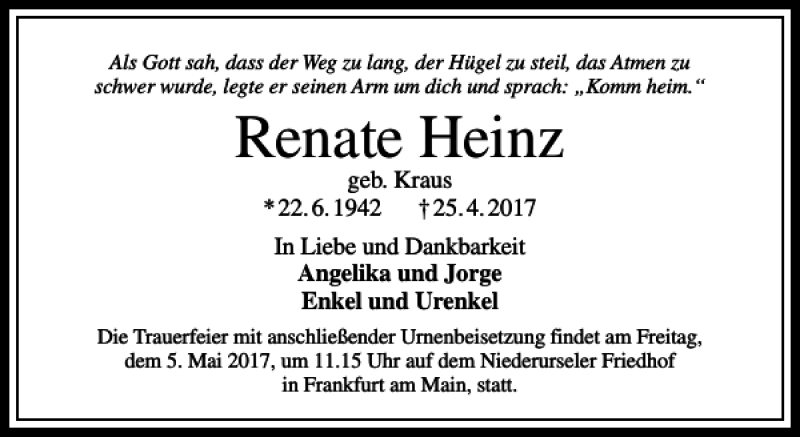  Traueranzeige für Renate Heinz vom 29.04.2017 aus Rhein Main Media