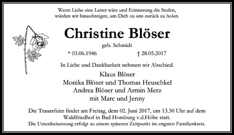  Traueranzeige für Christine Blöser vom 31.05.2017 aus Rhein Main Media