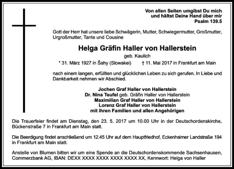  Traueranzeige für Helga Gräfin Haller von Hallerstein vom 17.05.2017 aus Rhein Main Media