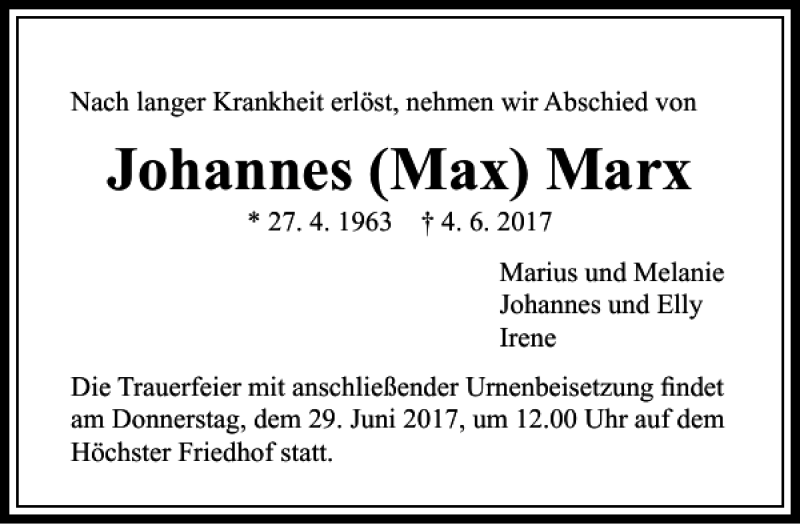 Traueranzeigen von Johannes Max Marx | trauer-rheinmain.de