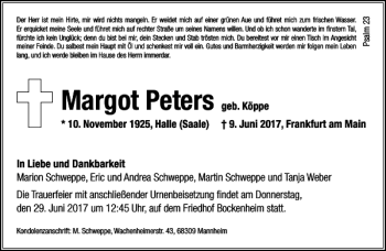 Traueranzeige von Margot Peters von Rhein Main Media