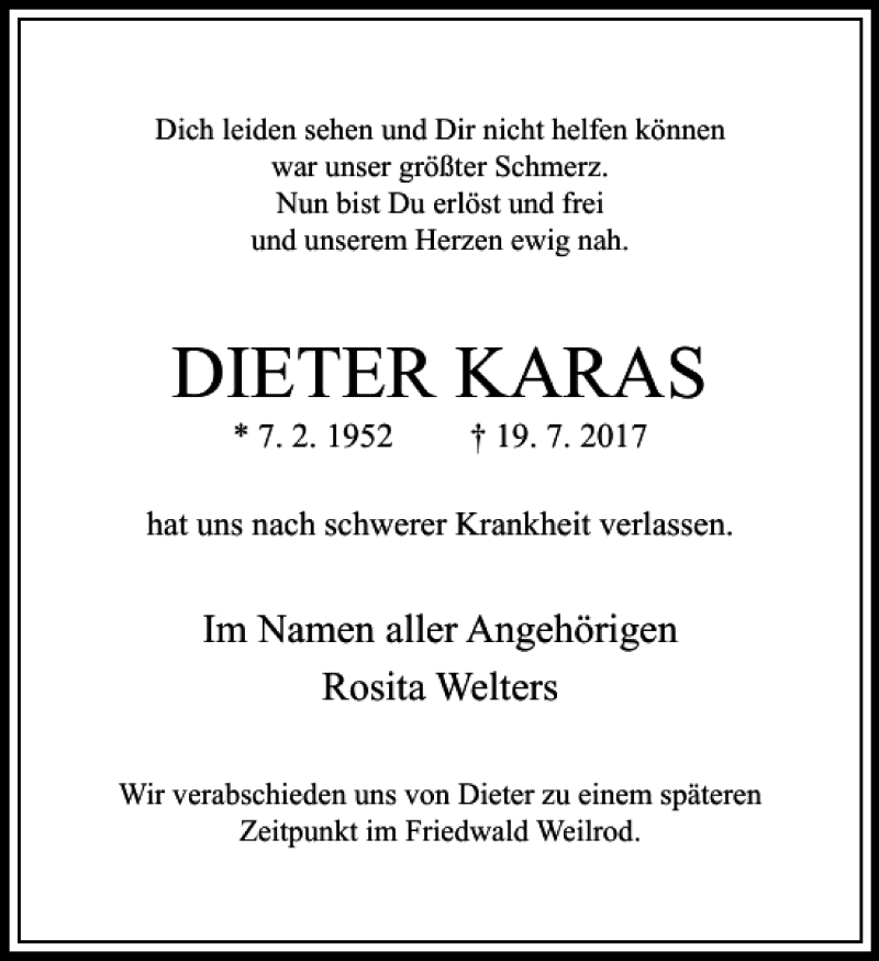  Traueranzeige für DIETER KARAS vom 24.07.2017 aus Rhein Main Media