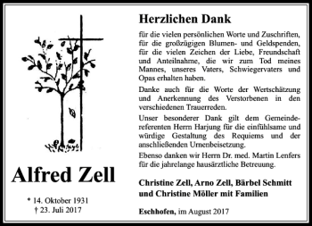 Traueranzeige von Alfred Zell von Rhein Main Media