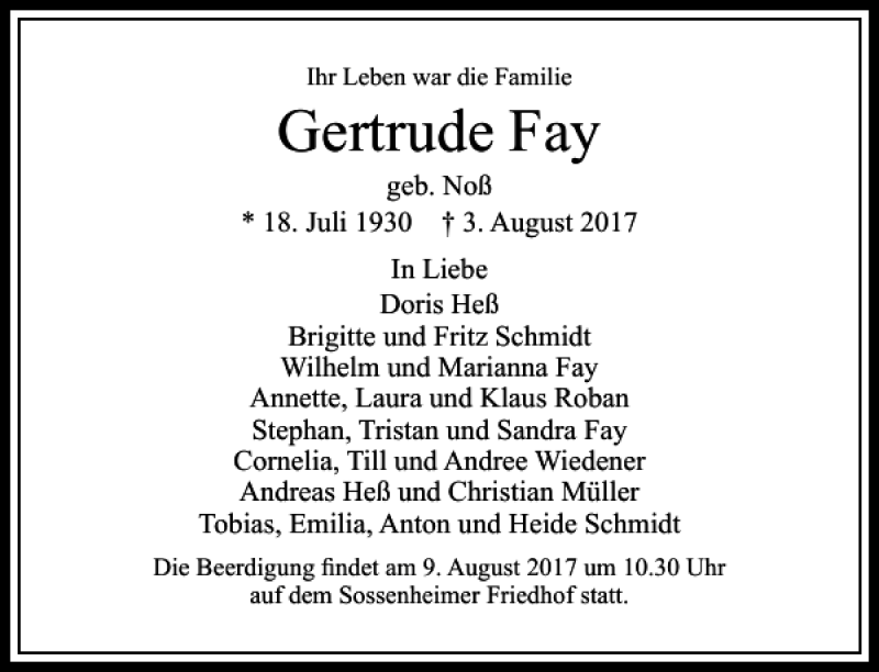  Traueranzeige für Gertrude Fay vom 08.08.2017 aus Rhein Main Media