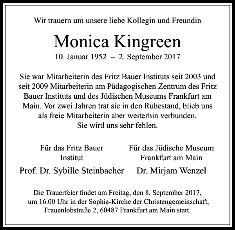  Traueranzeige für Monica Kingreen vom 07.09.2017 aus Rhein Main Media