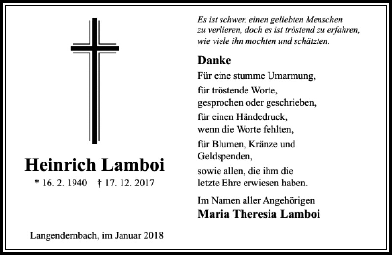  Traueranzeige für Heinrich Lamboi vom 10.01.2018 aus Rhein Main Media