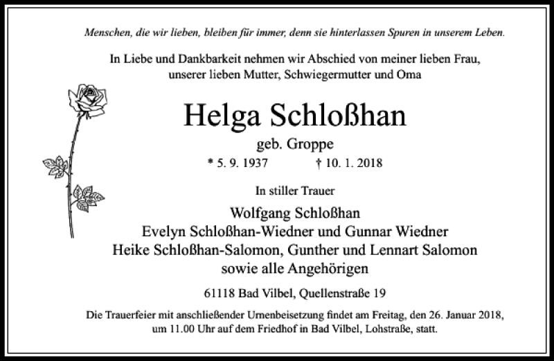  Traueranzeige für Helga Schloßhan vom 20.01.2018 aus Rhein Main Media
