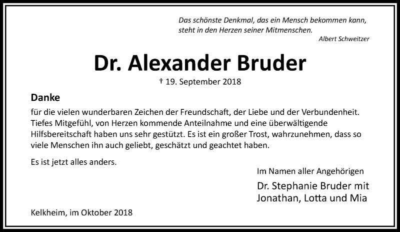  Traueranzeige für Alexander Bruder vom 27.10.2018 aus RMZ