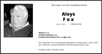 Traueranzeige von Aloys Fox von RMZ