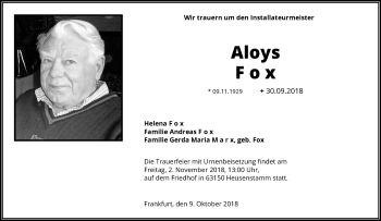 Traueranzeige von Aloys Fox von RMZ