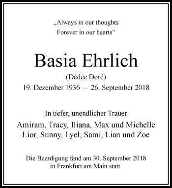 Traueranzeige von Basia Ehrlich von RMZ