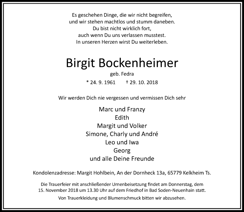  Traueranzeige für Birgit Bockenheimer vom 02.11.2018 aus RMZ