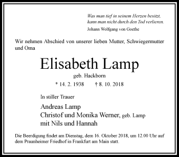 Traueranzeige von Elisabeth Lamp von RMZ