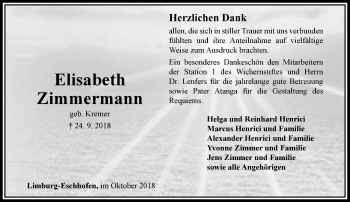 Traueranzeige von Elisabeth Zimmermann von RMZ