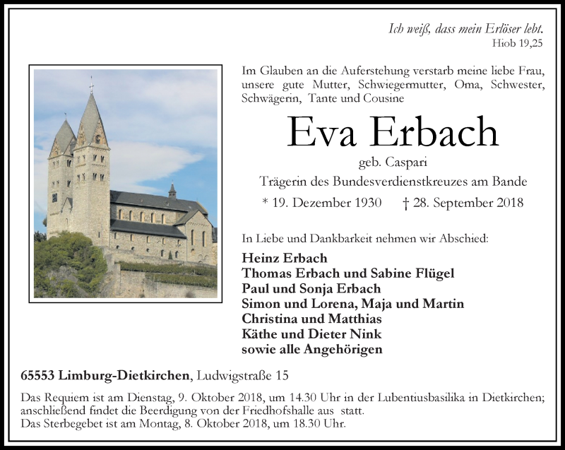  Traueranzeige für Eva Erbach vom 02.10.2018 aus RMZ