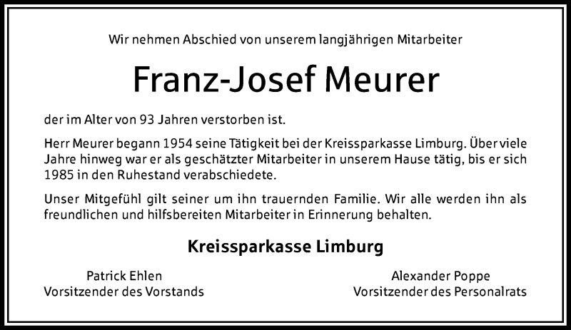  Traueranzeige für Franz-Josef Meurer vom 26.10.2018 aus RMZ