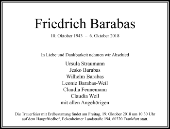 Traueranzeige von Friedrich Barabas von RMZ