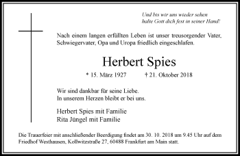 Traueranzeige von Herbert Spies von RMZ