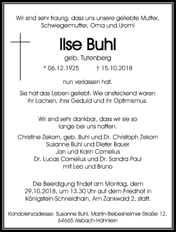 Traueranzeige von Ilse Buhl von RMZ