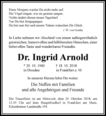 Traueranzeige von Ingrid Arnold von RMZ