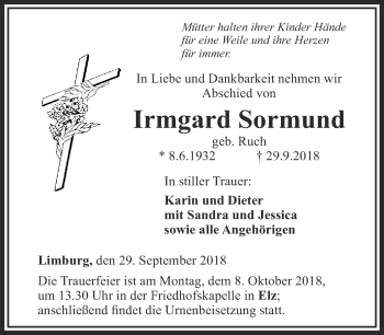 Traueranzeige von Irmgard Sormund von RMZ