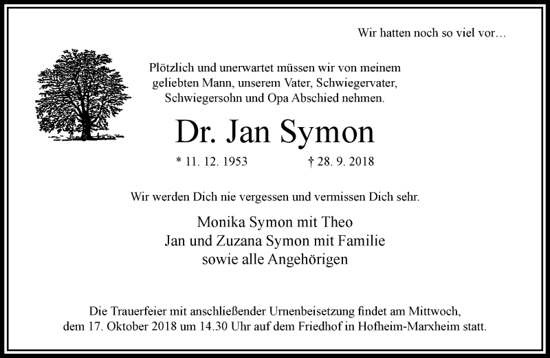  Traueranzeige für Jan Symon vom 04.10.2018 aus RMZ