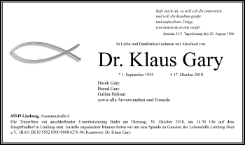 Traueranzeige von Klaus Gary von RMZ