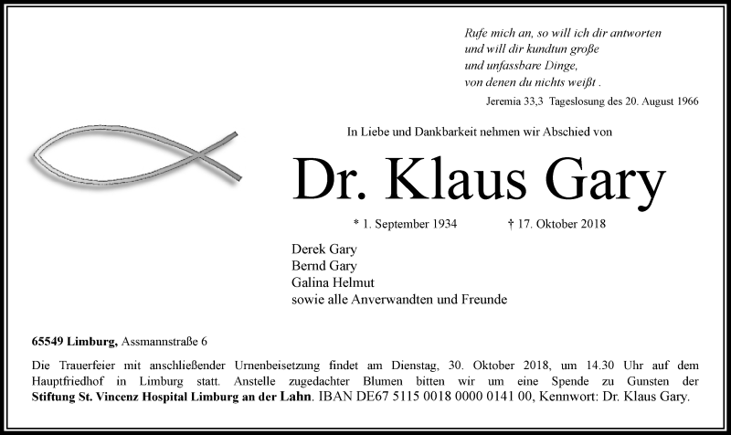  Traueranzeige für Klaus Gary vom 27.10.2018 aus RMZ