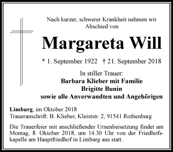 Traueranzeige von Margareta Will von RMZ