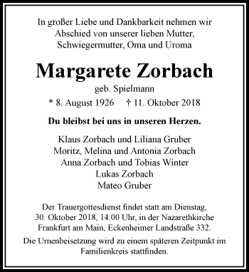 Traueranzeige von Margarete Zorbach von RMZ