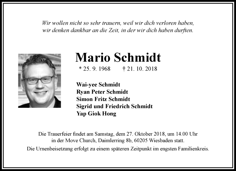  Traueranzeige für Mario Schmidt vom 25.10.2018 aus RMZ