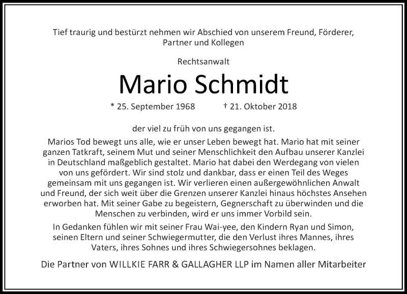  Traueranzeige für Mario Schmidt vom 25.10.2018 aus RMZ