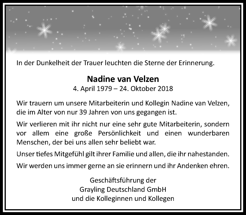  Traueranzeige für Nadine  van Velzen vom 31.10.2018 aus RMZ
