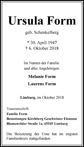 Traueranzeige von Ursula Form von RMZ