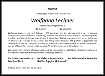 Traueranzeige von Wofgang Lechner von RMZ