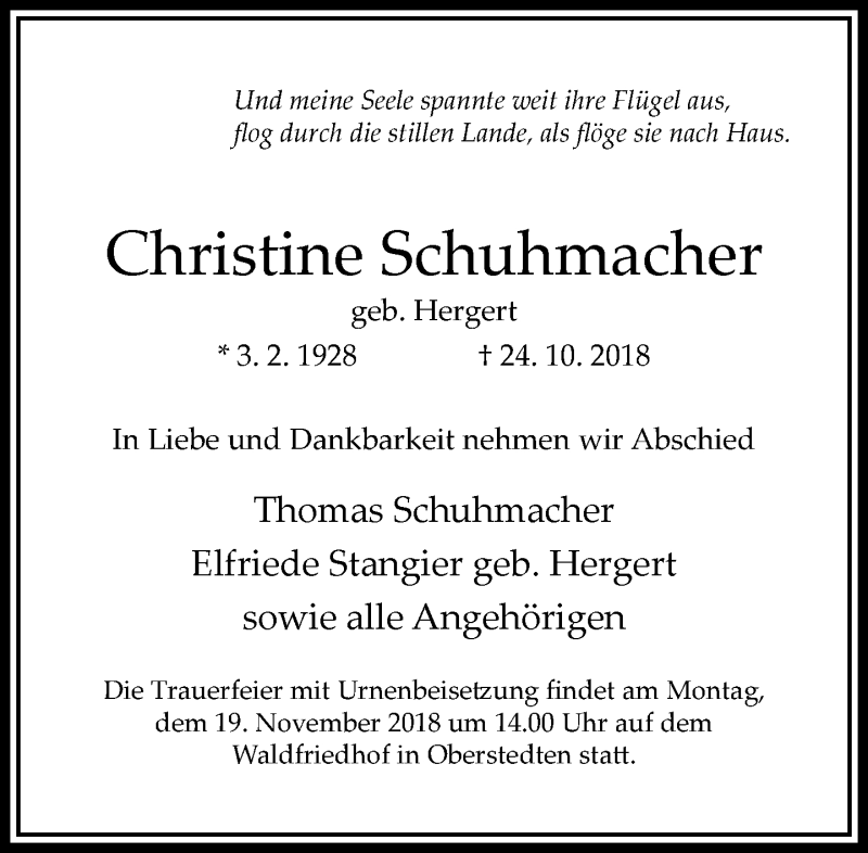 Traueranzeigen von Christine Schuhmacher | trauer-rheinmain.de