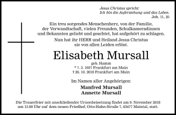 Traueranzeige von Elisabeth Mursall von RMZ