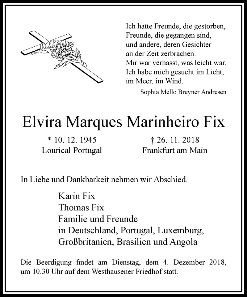  Traueranzeige für Elvira Marques  Marinheiro Fix vom 30.11.2018 aus RMZ