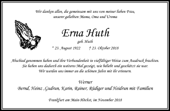 Traueranzeige von Erna Huth von RMZ