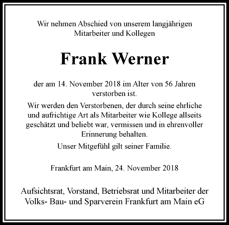 Traueranzeigen Von Frank Werner | Trauer-rheinmain.de