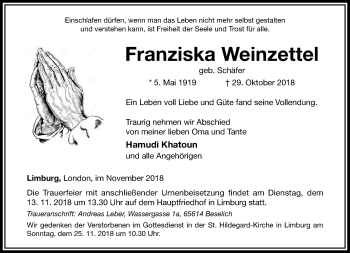 Traueranzeige von Franziska Weinzettel von RMZ