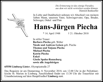 Traueranzeige von Hans-Jürgen Piecha von RMZ