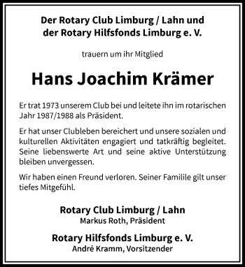 Traueranzeige von Hans Joachim Krämer von RMZ