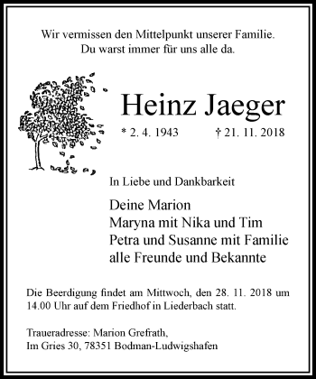 Traueranzeige von Heinz Jaeger von RMZ