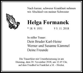 Traueranzeige von Helga Formanek von RMZ