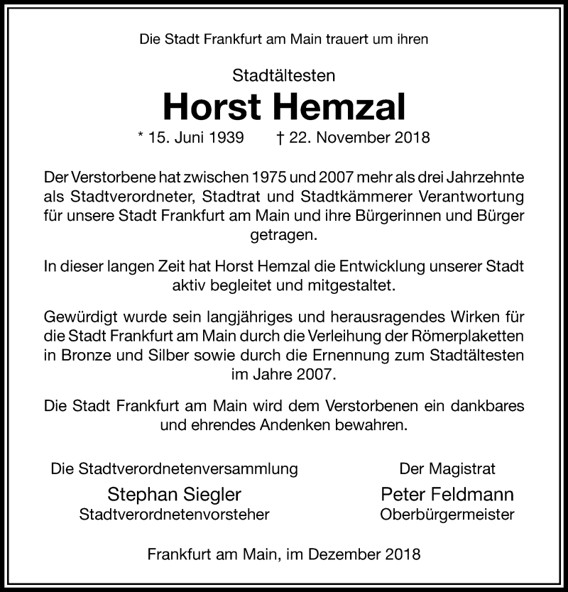  Traueranzeige für Horst Hemzal vom 01.12.2018 aus RMZ