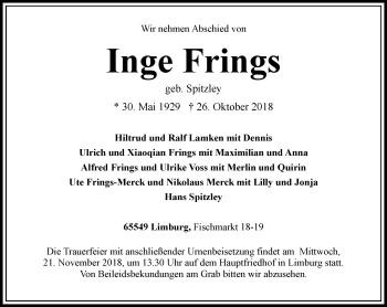Traueranzeige von Inge Frings von RMZ