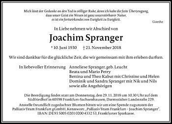 Traueranzeige von Joachim Spranger von RMZ